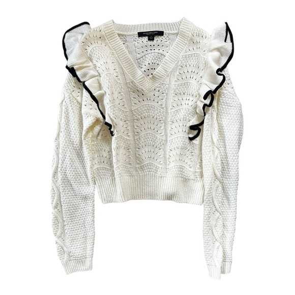 Marc New York Open Knot Ruffle V Neck Sweater White Black S - Picture 7 of 7